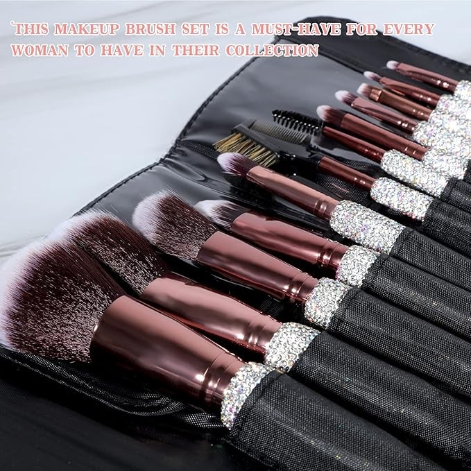 Makeup Brushes Bling Crystal Professional Face Cosmetics Blending Liquid Foundation Powder Concealer Eye Shadows Make Up Beauty Tool Glitter with Pouch Bag Kit Purely Handmade (12PCS) (White)