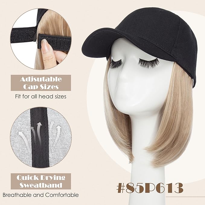 S-noilite Hat Wig for Women Black Baseball Cap Wig with Short BOB Hair Attached Adjustable Hat Wigs Synthetic Hair Extensions Ash Brown Highlighted Blonde