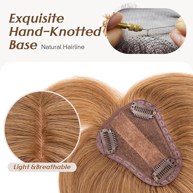 Rich Choices Real Human Hair Toppers for Women 3D Cover Clip in Bangs 100% Remy Human Clip in Silk Base Hair Topper with Bang for Thinning 150% Density 14 Inch #6 Light Brown