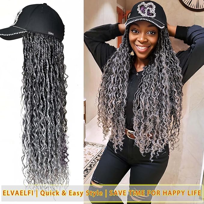26 Boho Goddess River Locs Crochet Hair Extensions Gradient Grey Shine Heart Baseball Cap Wigs for Women