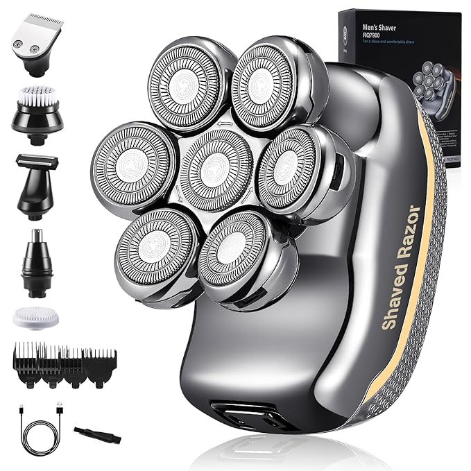 Head Shavers for Bald Men: - Electric Head Shavers for Men Wet&ampDry Waterproof Cordless Electric Razor 6-in-1 Rotary Shaver Grooming Kit with Nose Beard Trimmer Hair Clipper