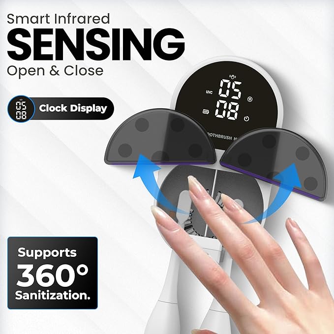 UV Toothbrush Sanitizer Holder &amp Cleaner with Led Clock Display Hands-Free Wave Sensing &amp Dual Toothbrush Storage - Wall Mounted UV Tooth Brush Sanitizer Holder for Bathroom Decor Fits All B