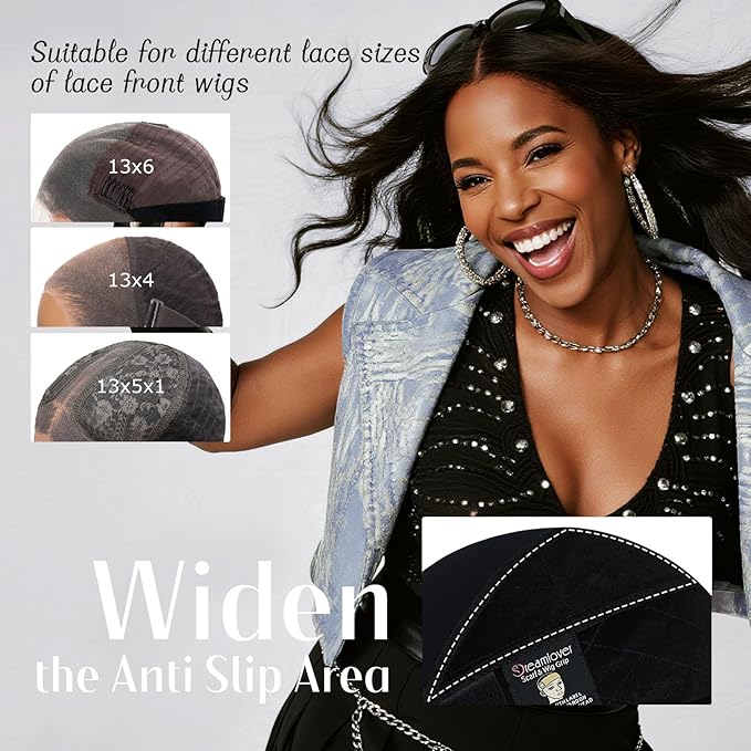 Dreamlover Wide Wig Grip Cap for Lace Front Wigs 2-in-1 Black Adjustable Wig Caps with Wig Gripper Band for Women 1 Piece