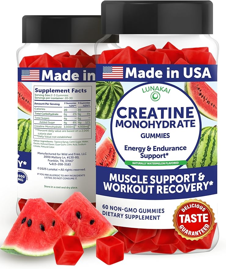 Lunakai USA Made Creatine Monohydrate Gummies for Women &amp Men ? Vegan Creatine Gummies for Muscle &amp Recovery Support ? Pre Workout Supplement 60ct
