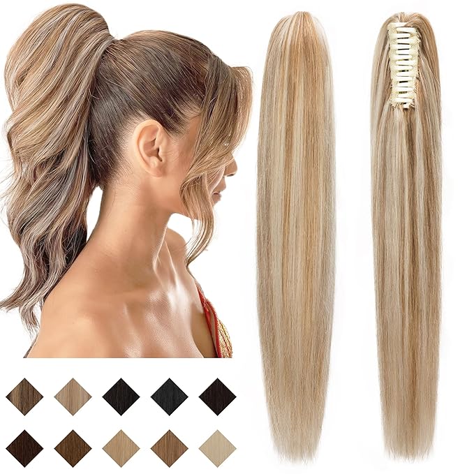 SEGO Claw Clip Ponytail Extension Human Hair Clip in Ponytail Hair Extensions Real Human Hair Pony Tails Hair Extensions Long Straight For Women -16 Inch Golden Brown&ampBleach Blonde 105 Gram