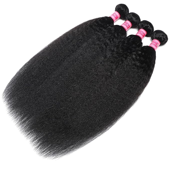 Kinky Straight Bundles Human Hair Yaki Straight 16 18 20 22 Inch 4 Bundles 12A 100% Unprocessed Brazilian Human Hair Quick Weave Kinkystraight Bundles Natural Black Hair Extensions