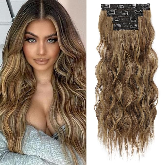 REECHO Clip in Hair Extensions 4PCS Hair Extensions 24 Thick Long Beach Waves hair extensions Invisible Lace Weft Natural Soft Hairpieces for Women ? Medium Reddish Brown with Highlights