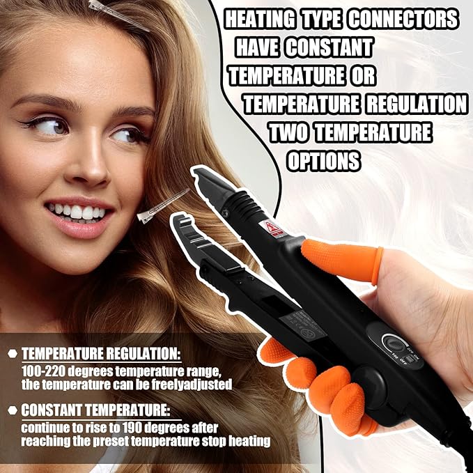 Hair Extensions Iron Fusion Keratin Hair Extensions Heat Tool Heat Connector Wand with Fusion Glue Protector Template Hair Clip Finger Protector 2 Bag Keratin Glue Granule Bead(Black)