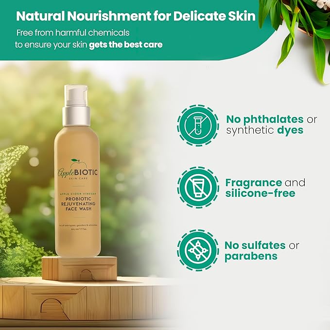 AppleBiotic Apple Cider Vinegar Face Wash - Exfoliating Face Wash Hydrating Gel Foaming Facial Cleanser Fragrance Free 6oz