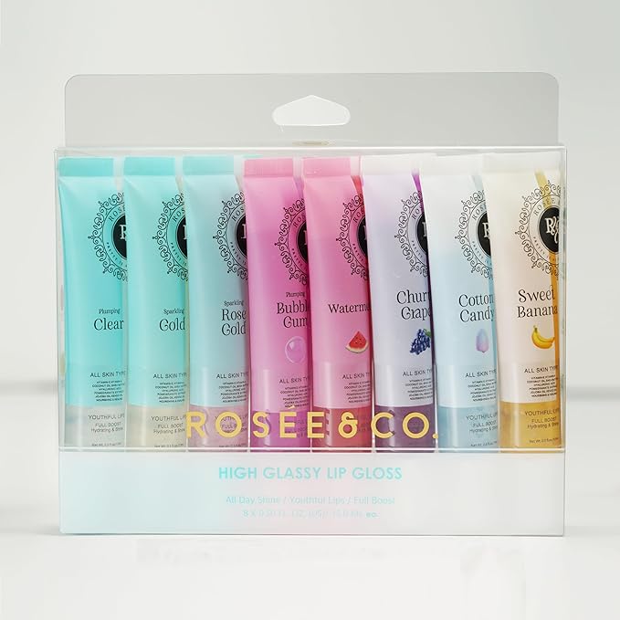 ROS?E &amp CO Rosee Lip Gloss Vegan &amp Cruelty Free Treatment Professional Make up Long Lasting Glossy with Shea Butter Moisturize Protect &amp Smooth High Shine Non-Sticky - Set of 8-2