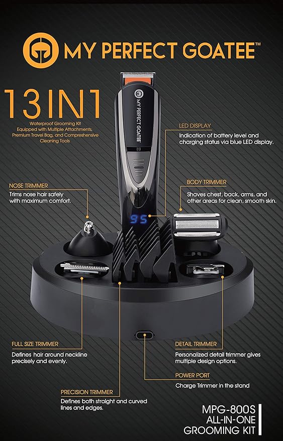 My Perfect Goatee® 13-in-1 Adjustable Beard Trimmer &amp Goatee Shaving Template for Men - Cordless Beard Grooming Kit for Detailed or Precise Trim W/LED Battery Charge Indicator