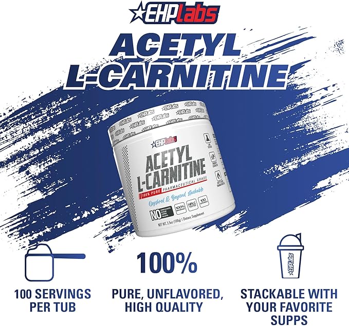 EHP Labs Acetyl L Carnitine Powder - Supports Natural Energy Production Assists in Healthy Brain Function Supports Heart Health Vegan Gluten Free Non GMO - 100 Servings