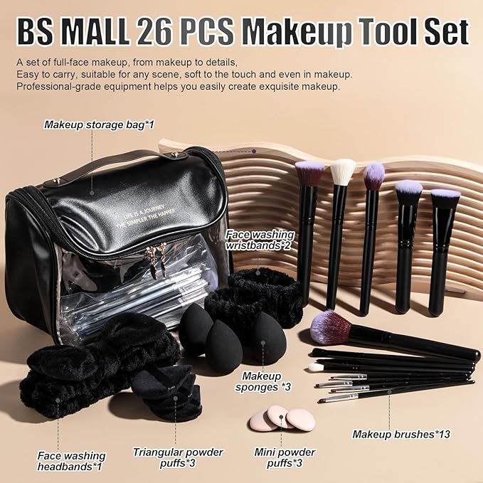 BS-MALL Makeup Brush Set with Waterproof Travel Bag &amp Makeup sponges -26 Pcs Set Triangle Puff &amp Face Washing PuffsFace Wash Headband Wristband for Travel Go Camping Gift &amp Makeup Beginne