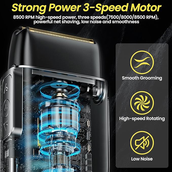 Electric Foil Shavers for Men 3 Speed Electric Razor for Men High Speed Dual Floating Blades IPX7 Waterproof Wet &amp Dry LED Display USB Type C Charging Foil Razor for Face/Beard/Head (Black)
