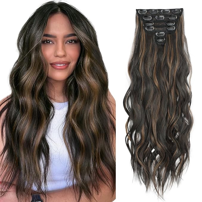Clip in Hair Extensions for Women Natural Balayage Dark Brown to Chestnut 24 Inch 6PCS Hairpieces Long Wavy Soft Hair Extensions clip ins
