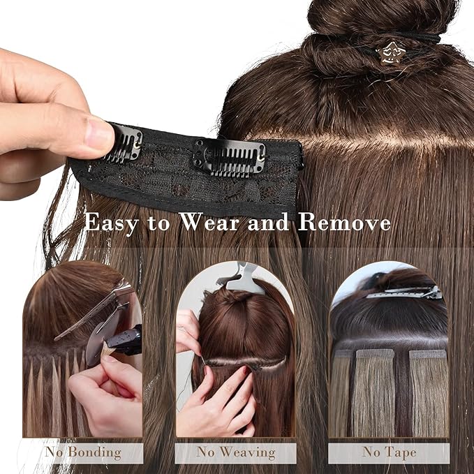 REECHO Hair Extensions 4PCS Clip in Hair Extensions HE001 Natural Soft Synthetic Hairpieces for Women (20 Inch-200 Gram (Pack of 4) Ash Brown with Platium Highlights)