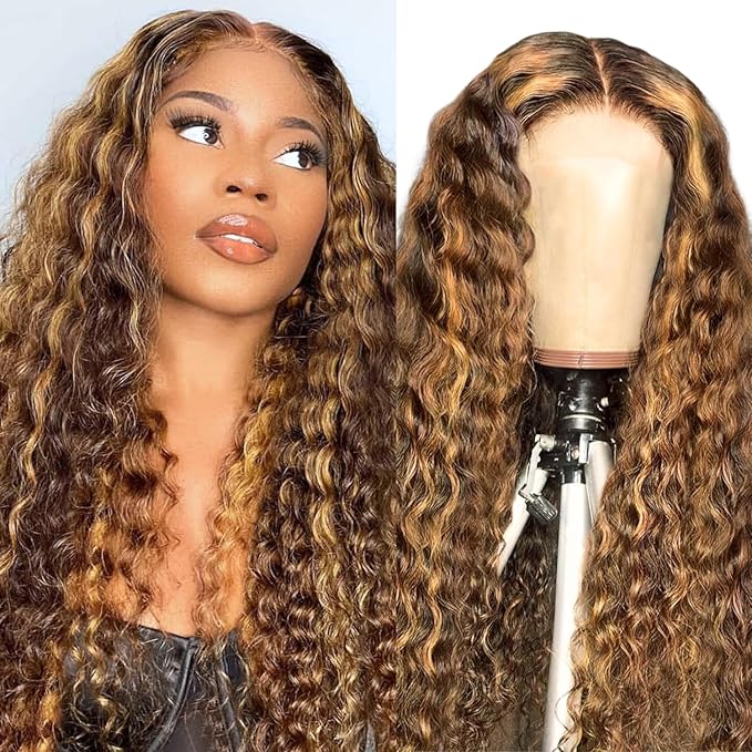 4/27 Deep Wave Human Hair Wig Highlight Ombre Color 13x4 HD Transparent Lace Front Wig 200 Density Pre-Plucked Hairline with Baby Hair Glueless for Women 32 Inch