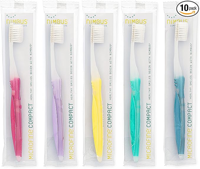 NIMBUS Extra Soft Toothbrushes (Compact Head) Periodontist Design Tapered Bristles for Sensitive Teeth and Receding Gums Individually Wrapped Plaque Remover Travel Toothbrush (10 Pack Colors Vary)