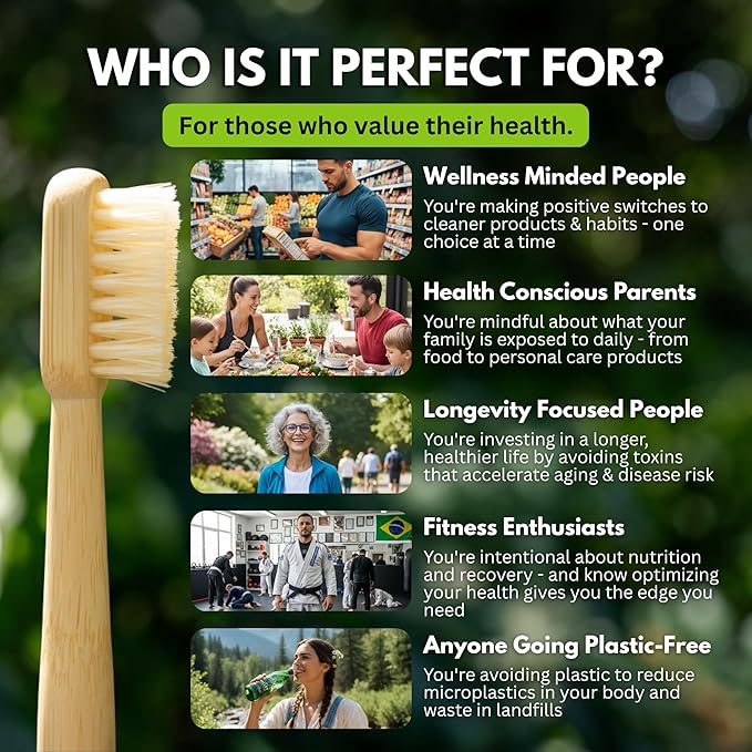 PRIMALS Boar Bristle &amp Bamboo Toothbrush (4-Pack) - Premium Boar Bristles - Fully Biodegradable - Plastic &amp Nylon Free - Quick Dry Design
