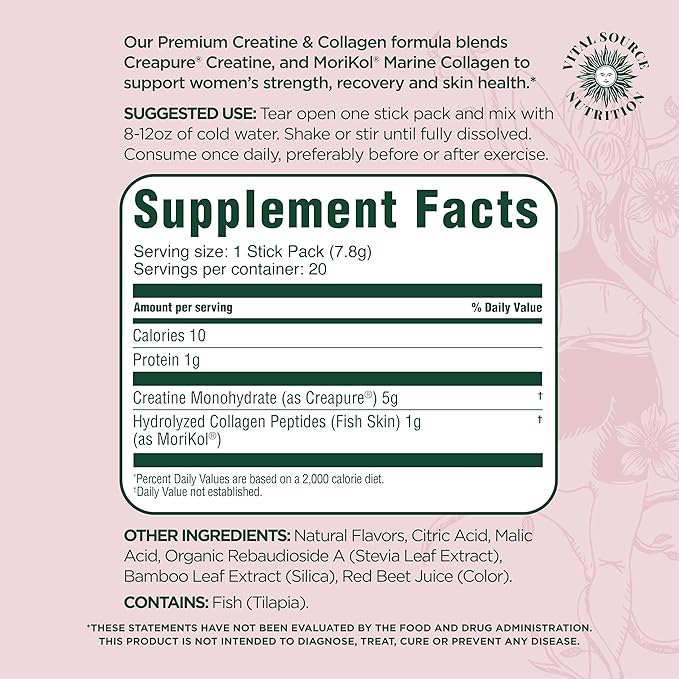 Vital Source Nutrition - FleXi - Creatine &amp Collagen Stick Packs - 5g Creapure Creatine Monohydrate + 1g MoriKol Collagen -Supports Strength Recovery &amp Skin Health -20 Servings