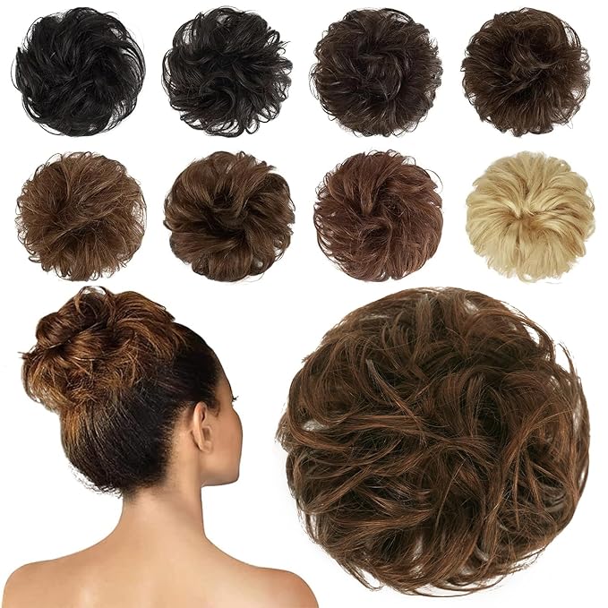 FESHFEN Human Messy Buns - 100% Human Hair Bun Real Scrunchies Hair Pieces Ponytail Extensions Wavy Tousled Updo Chignon Hairpieces for WomenChocolate Light Brown