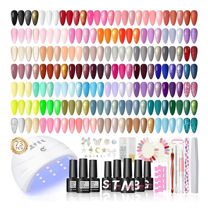 COSCELIA 73pc Gel Nail Polish Kit with U V light 60 Bottles Gel Nail Polish and Soak off Top Base Coat Fall Colors Enchantment Collection Glitter Nail Rhinestones Gel Manicure Starter Kit DIY Gifts