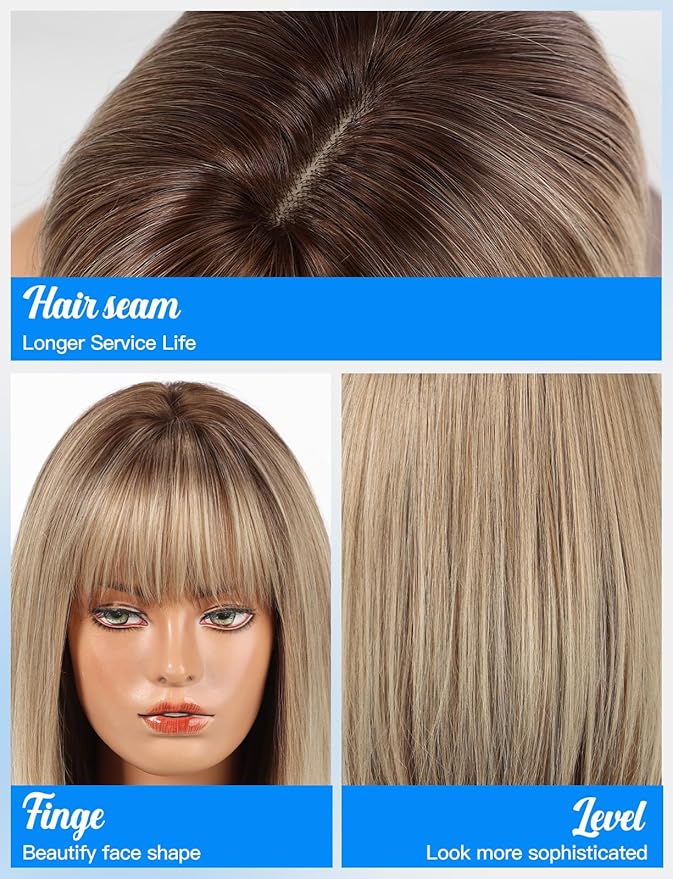 HAIRCUBE Bob Wigs for Women Synthetic Wig with Fringe Blonde with Dark Roots Color