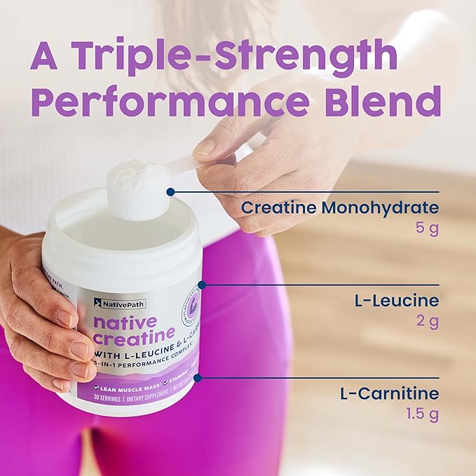 NativePath Creatine Monohydrate Powder with L-Leucine &amp L-Carnitine - Muscle Building Supplement for Men &amp Women - 30 Servings