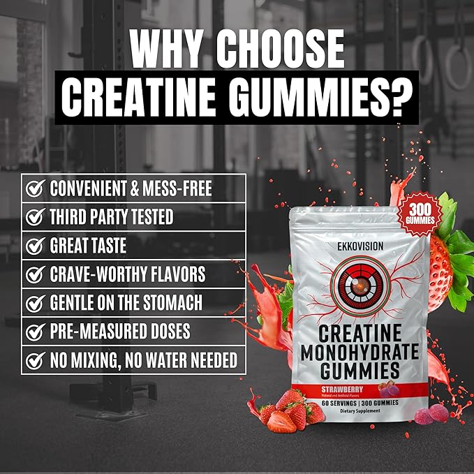 Ekkovision Creatine Monohydrate Gummies for Men and Women Orange Citrus Flavor Sugar Free Creatine Gummies for Pre Workout Muscle Strength and Recovery Vegan &amp Travel Friendly 300 Ct 60 Serv
