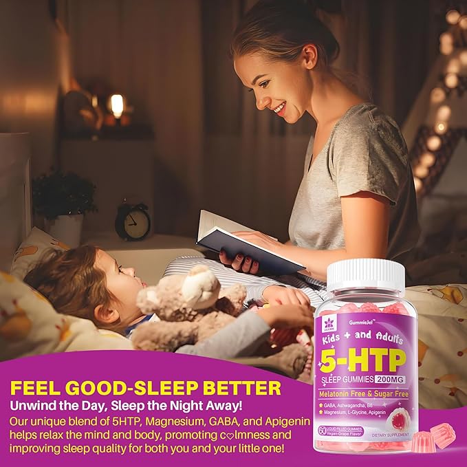 5HTP Gummies for Adults &amp Kids 8+ Melatonin Free Gummies with Magnesium Glycinate GABA L-Glycine Ashwagandha Vitamin B6 for Delicious Zzzs Brain &amp Muscle Relaxation 0 Sugar 60 Count (Pa