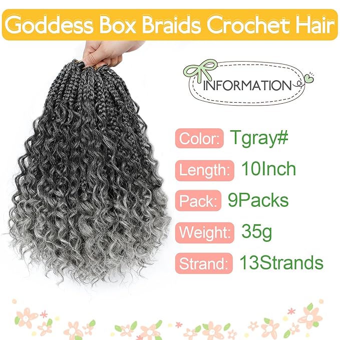 Fulcrum Goddess Box Braids Crochet Hair 10 Inch9 Packs Boho Box Braid Crochet Hair for Women Pre-looped Bohemian 3X Crochet Braiding Hair with Curly Ends(10Inch Tgray#)