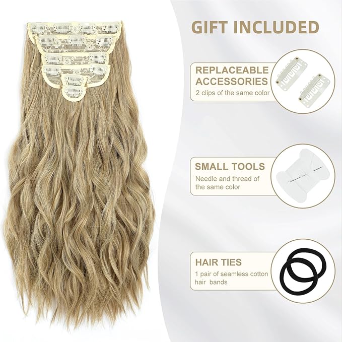 Clip in Hair Extensions 6 PCS Natural &amp Soft Hair &amp Blends Well Hair Extensions Long Wavy Hairpieces(16inch 6pcsMixed Dirty Blonde)