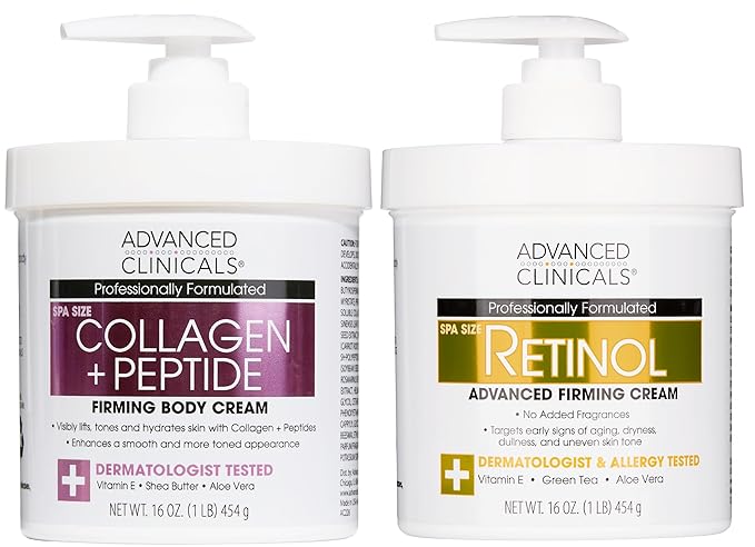 Advanced Clinicals Retinol Cream + Collagen Peptides Body Moisturizer &amp Face Lotion 2PC Skin Care Set | Dry Skin Body Lotion For Women &amp Men To Help Improve Appearance Of Crepey Skin 2PC Bund