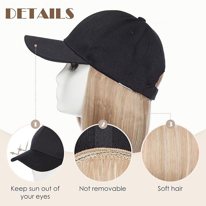 S-noilite Hat Wig for Women Black Baseball Cap Wig with Short BOB Hair Attached Adjustable Hat Wigs Synthetic Hair Extensions Ash Brown Highlighted Blonde