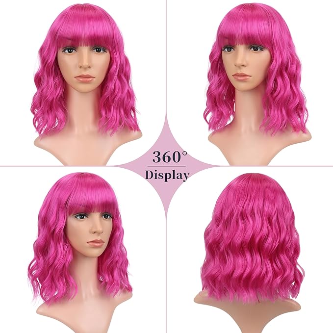FAELBATY Short Curly Wavy Hot Pink Wigs with Air Bangs Shoulder Length Wig for Women Synthetic Halloween Cosplay Costume for Girl (12 Hot Pink)