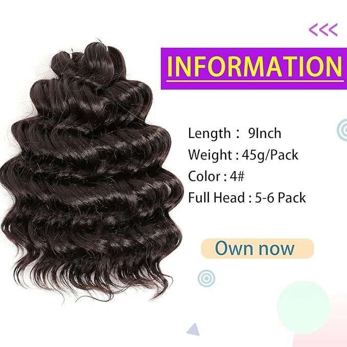 Ocean Wave Crochet Hair Deep Wave Crochet Curl Hair Water Wave Synthetic Curly Braiding Hair Extensions 8 Packs (9 Inch 4#)