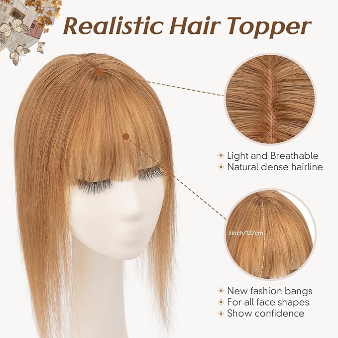 Rich Choices Real Human Hair Toppers for Women 3D Cover Clip in Bangs 100% Remy Human Clip in Silk Base Hair Topper with Bang for Thinning 150% Density 14 Inch #6 Light Brown