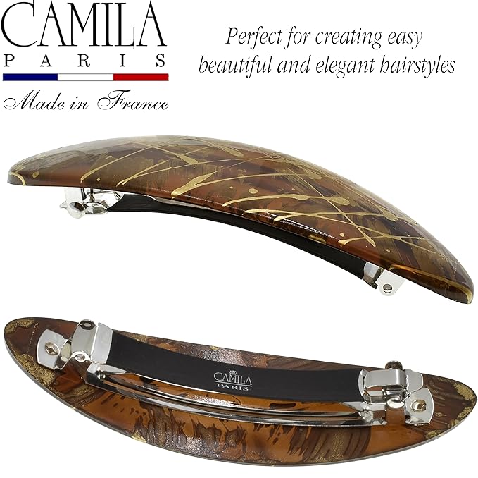 Camila Paris CP3872 French Hair Barrette Clip Oval Ligth Brown and Gold Strong Hold Grip Hair Clips for Women No Slip Rubberized Metal Closure Durable Styling Girls Hair Accessories Made in France