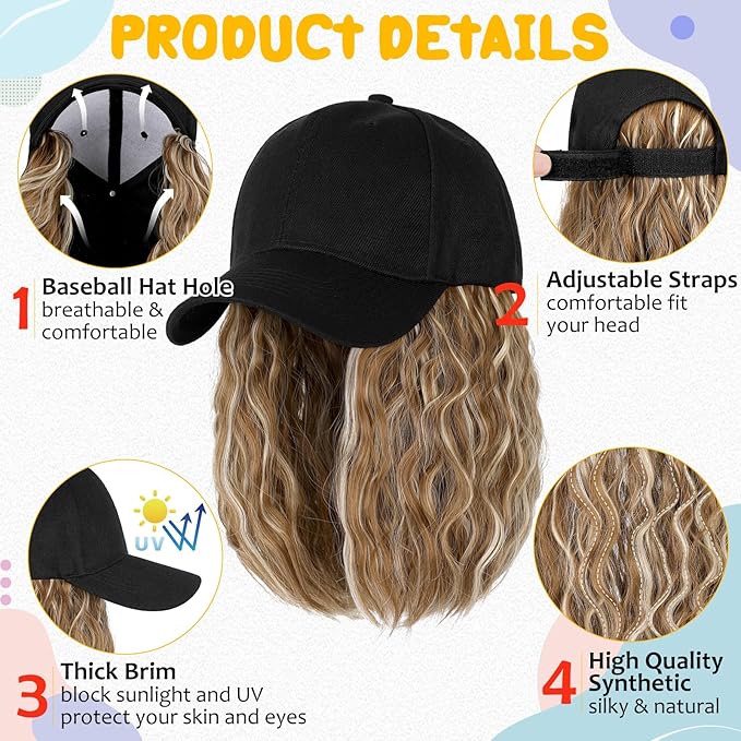 Baseball Hat WigHat with Hair attached 16'' Adjustable Black Cap with Wavy Curly Synthetic Bob Hair Extensions for Women Girls(Ginger Blonde Mix Bleach Blonde)