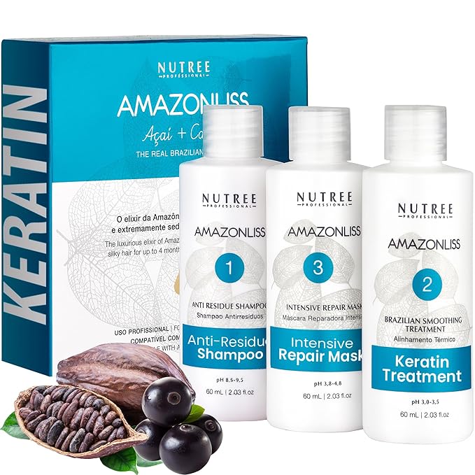 Amazonliss Keratin Hair Smoothing Kit ? 3 Steps 2.03 fl oz | Formaldehyde-Free At Home Hair Straightening System | Anti-Frizz Repair Mask &amp Shampoo
