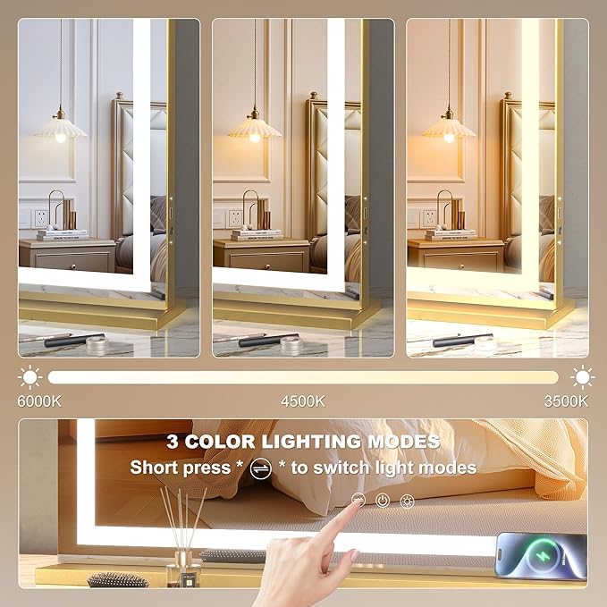 Hasipu Vanity Mirror with Lights 23 x 18 LED Makeup Mirror Lighted Makeup Mirror with Dimmable 3 Modes Touch Screen Control Vanity Mirror Square Gold