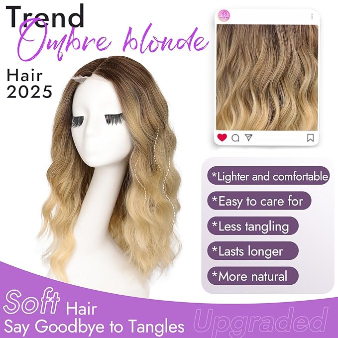 Ombre Blonde Short Wavy Wig for Women Lace Hairline Bob Style Synthetic Heat Resistant - Natural Appearance for Everyday Hairstyle Use 18 Inch