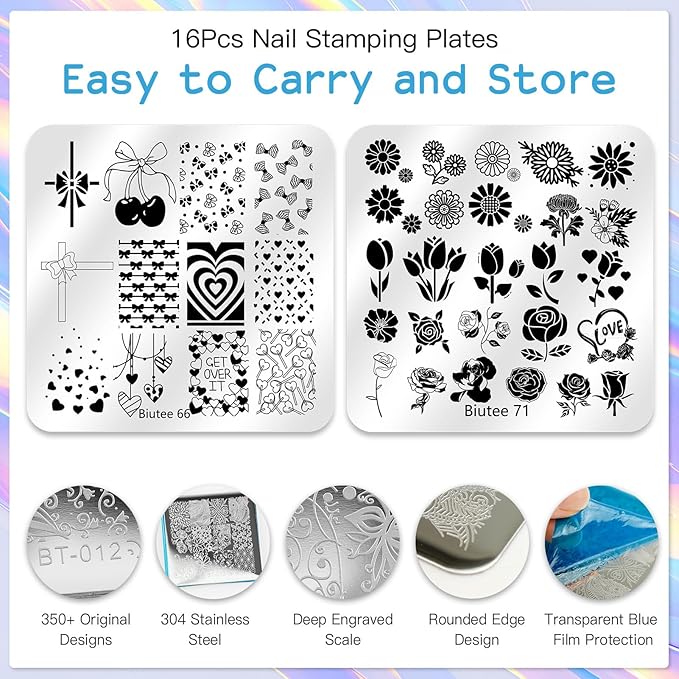 Biutee Nail Stamper Kit 16Pcs Nail Art Stamping Plate 8 Colors Stamp Polish Gel Silicone Stamper Scraper with Storage Bag Nail Stamp Plates Love Flower Butterfly Leaf Template Christmas Design Gift