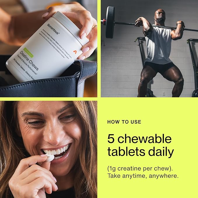 Momentous Creatine Chews - Creapure Creatine Monohydrate - Supports Strength Lean Muscle &amp Recovery for Men &amp Women - NSF Certified for Sport - 150 Chewable Tablets - Lemon Lime