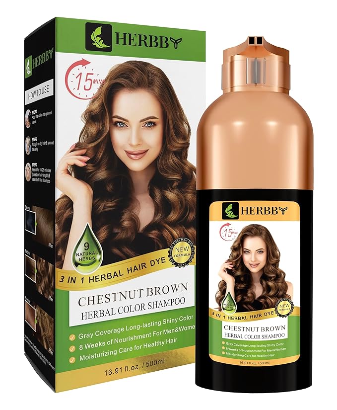 HERBBY Gray Hair Coverage Shampoo &amp Conditioner - Color Transform with 9 Herbal Extracts Long-Lasting (6-8 Weeks) Shiny Even Coloring Instant Hair Dye 500 ml (CHESTNUT BROWN)