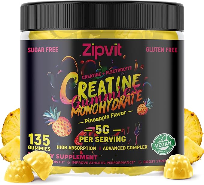 zipvit Creatine Monohydrate Gummies (5g) ? Pre-Workout Energy &amp Muscle Growth Support for Men &amp Women | Pineapple Electrolyte Gummies (135 Count)
