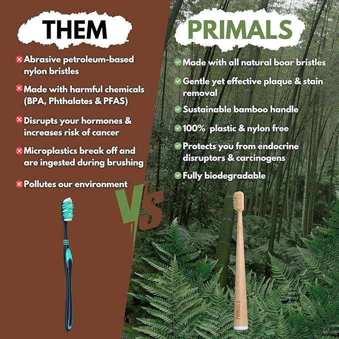 PRIMALS Boar Bristle &amp Bamboo Toothbrush (4-Pack) - Premium Boar Bristles - Fully Biodegradable - Plastic &amp Nylon Free - Quick Dry Design