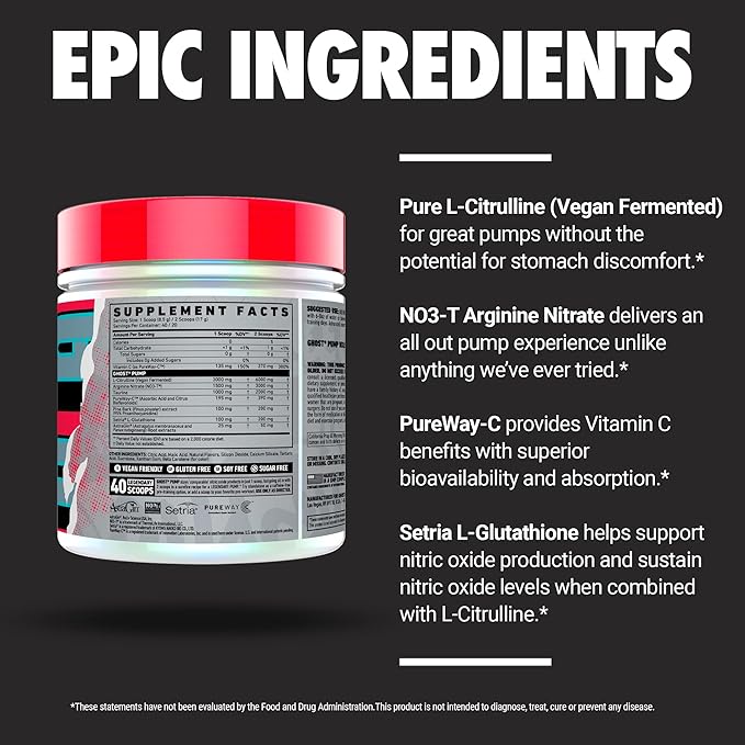 GHOST Pump Nitric Oxide Powder Peach - 40 Servings - Sugar-Free &amp Stim-Free Pre-Workout Supplements - L-Citrulline Arginine Nitrate &amp L-Glutathione - Soy &amp Gluten-Free Vegan