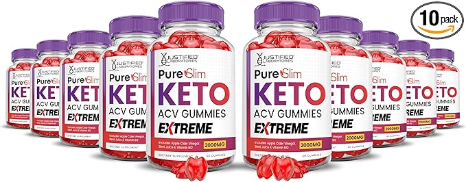(10 Pack) Pure Slim Keto ACV Gummies Extreme 2000MG PureSlim Keto Gummies Advanced Formula Apple Cider Vinegar with Pomegranate Beet Juice Powder B12 Vegan Non GMO 600 Gummys