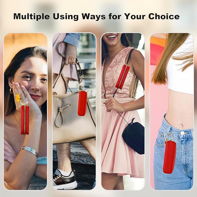 Bocasal Leather Lipstick Case Holder Chapstick Keychain Pouch Zipper Lip Balm Lip Gloss Bag for Purse with Key Chain Elastic Band Makeup Travel Organizer Cosmetic Storage Kit for Women Girls (Red)